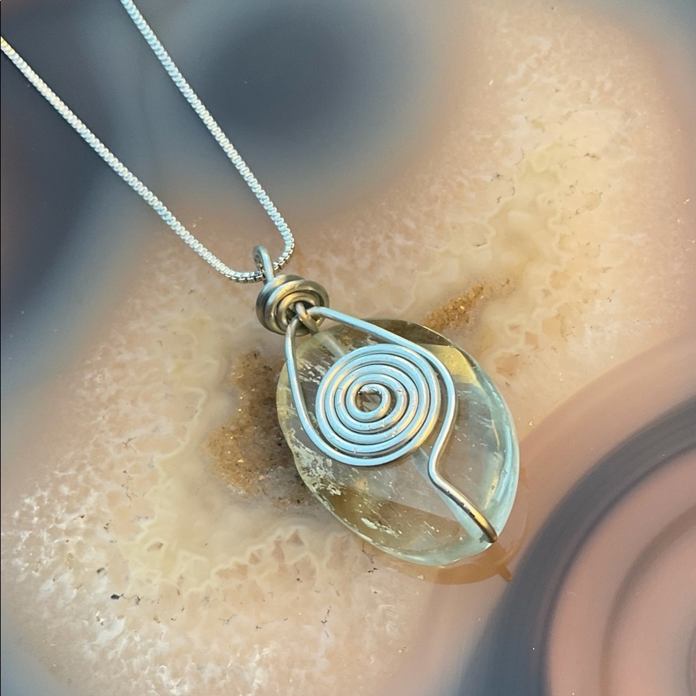 Handmade wire wrapped agate pendant necklace crystal